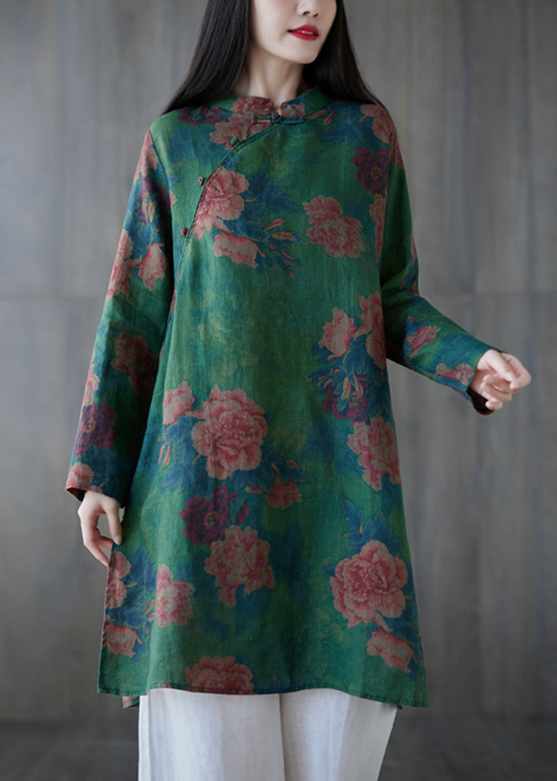 Green Button Print Linen Mid Dress Long Sleeve