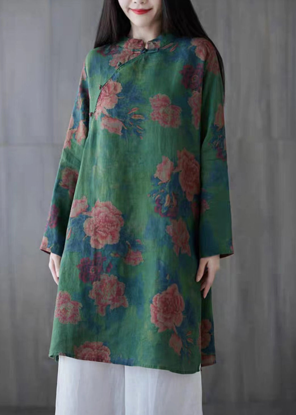 Green Button Print Linen Mid Dress Long Sleeve