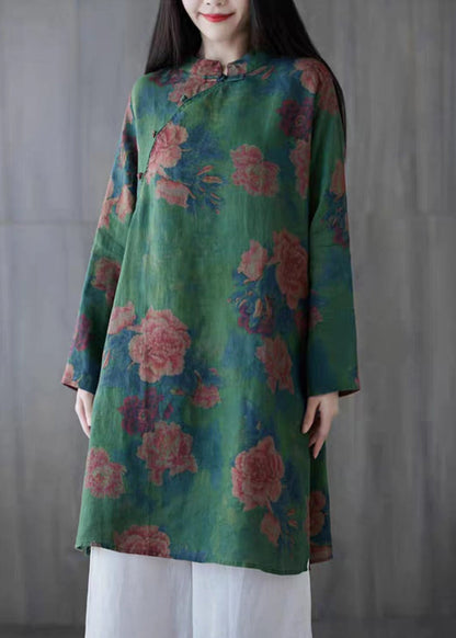 Green Button Print Linen Mid Dress Long Sleeve