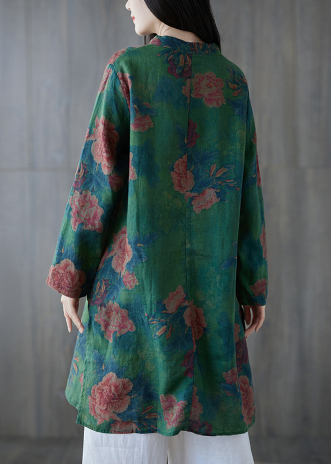 Green Button Print Linen Mid Dress Long Sleeve