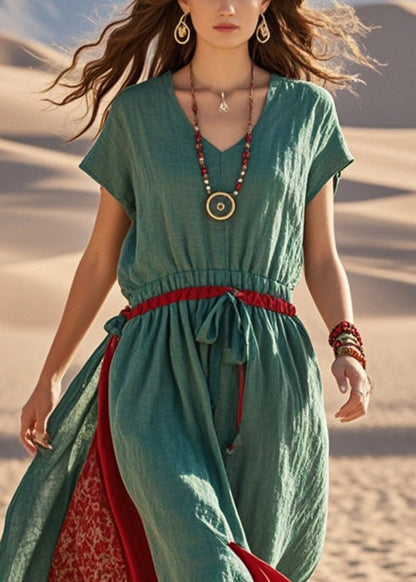 Green Cinched Patchwork Cotton Sundress Summer