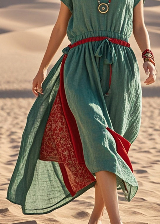 Green Cinched Patchwork Cotton Sundress Summer