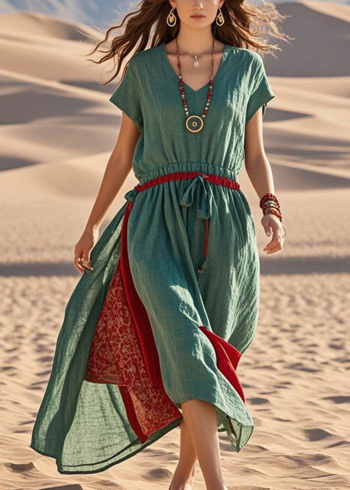 Green Cinched Patchwork Cotton Sundress Summer