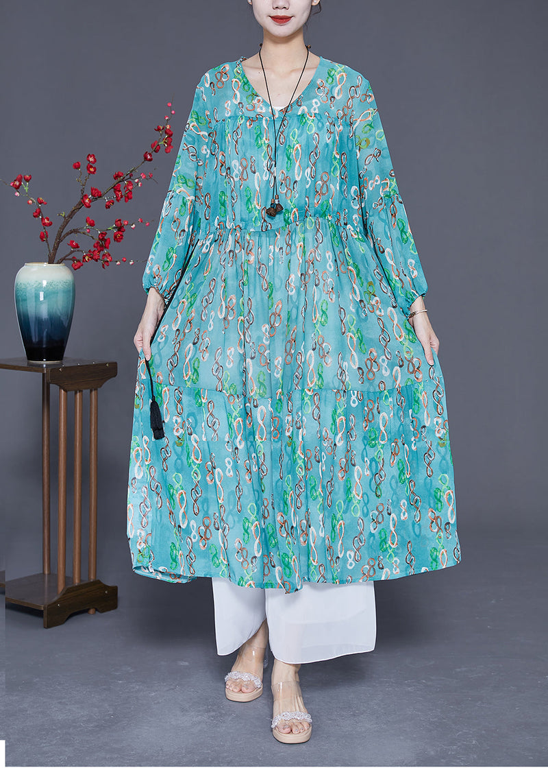Green Cinched Print Chiffon Long Dresses Summer