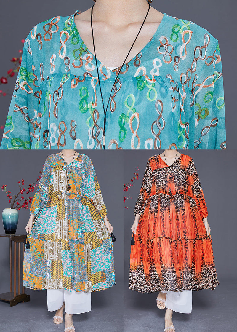 Green Cinched Print Chiffon Long Dresses Summer
