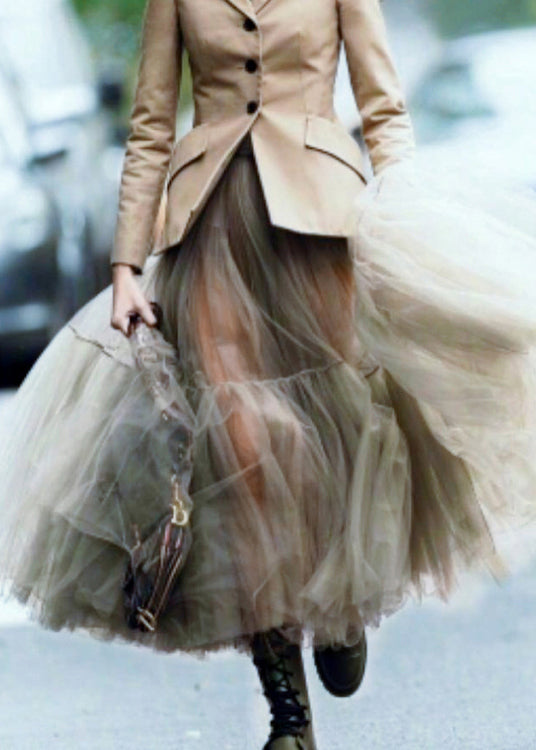 Green Cinched Wrinkled Tulle Skirts Spring