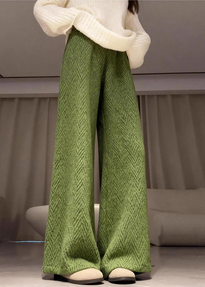 Green Elastic Waist Warm Fleece Straight Pants Winter