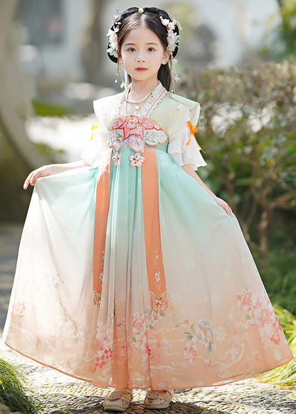 Green Embroideried Print Tassel Kids Long Dress Summer