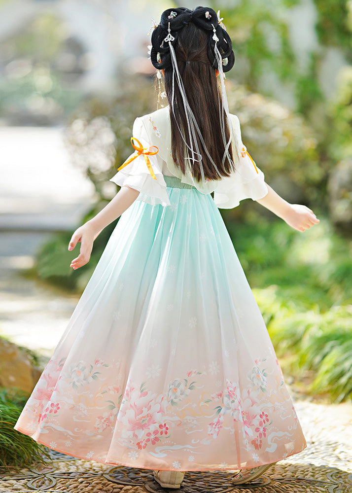 Green Embroideried Print Tassel Kids Long Dress Summer