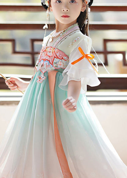 Green Embroideried Print Tassel Kids Long Dress Summer