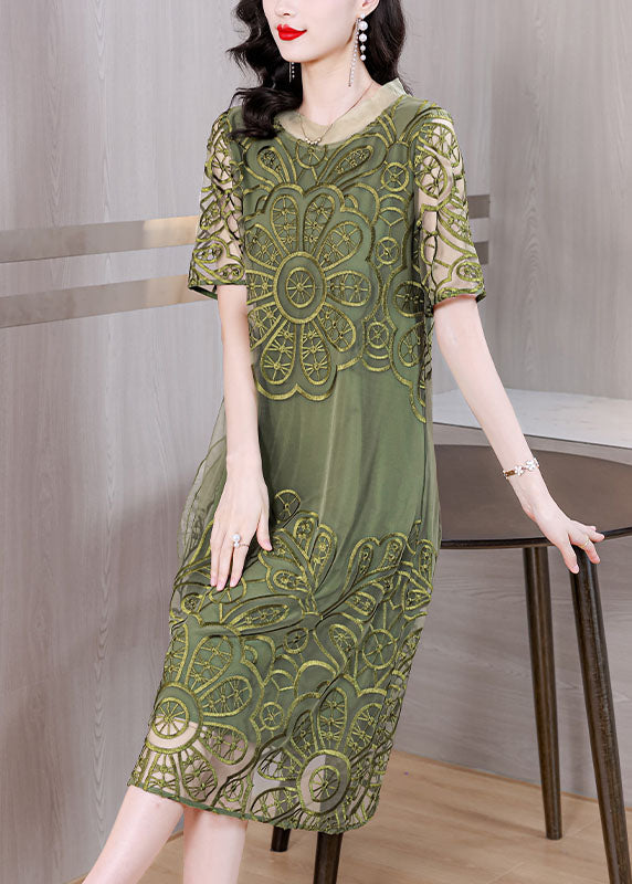 Green Embroidered Ruffled Tulle Long Dresses Short Sleeve