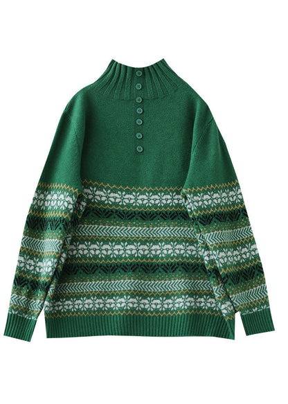 Green High Neck Print Knit Pullover Spring