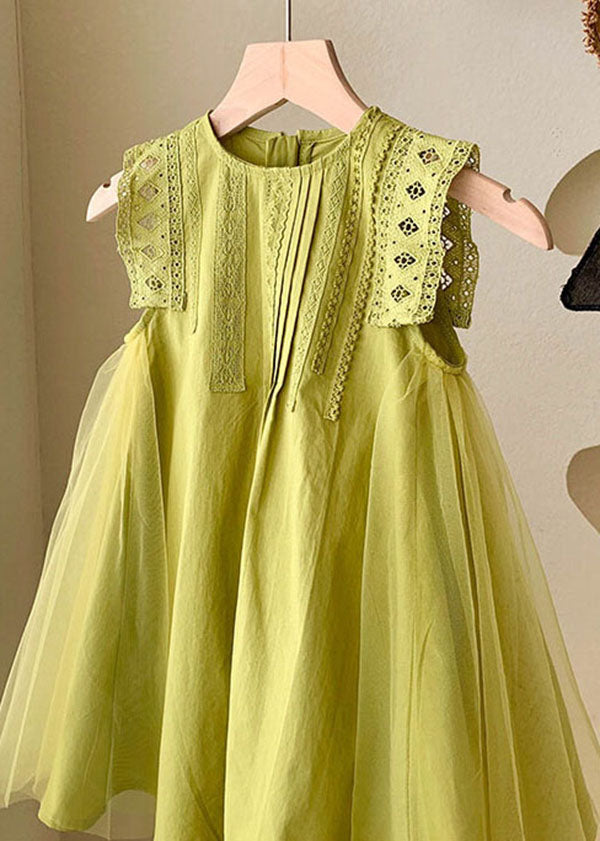 Green Hollow Out Embroideried Tulle Patchwork Cotton Baby Dress Summer
