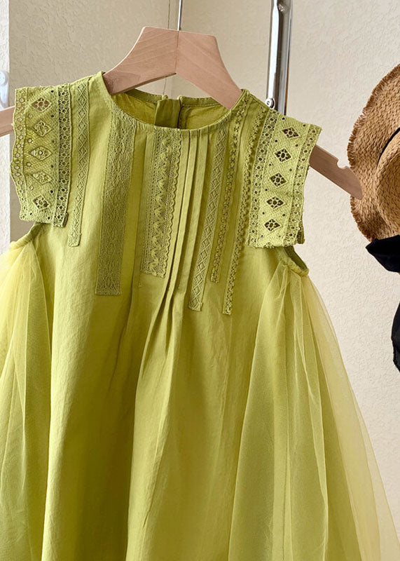 Green Hollow Out Embroideried Tulle Patchwork Cotton Baby Dress Summer