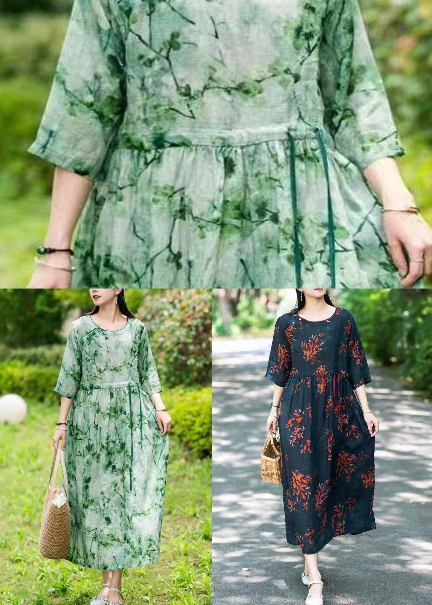 Green O Neck Drawstring Patchwork Long Linen Dress Summer