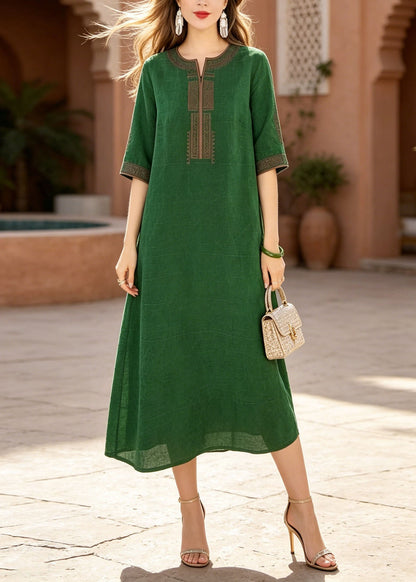 Green O-neck Embroidered Silk Dress Summer