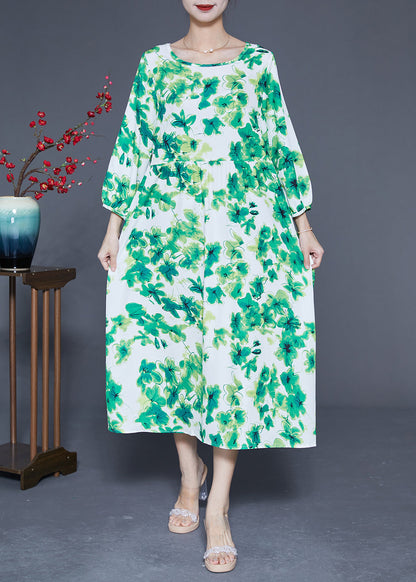 Green O-neck Oversized Print Silk Vacation Dresses Bracelet Sleeve