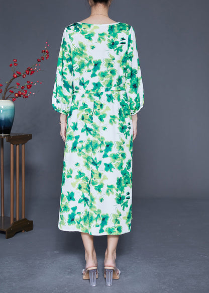 Green O-neck Oversized Print Silk Vacation Dresses Bracelet Sleeve