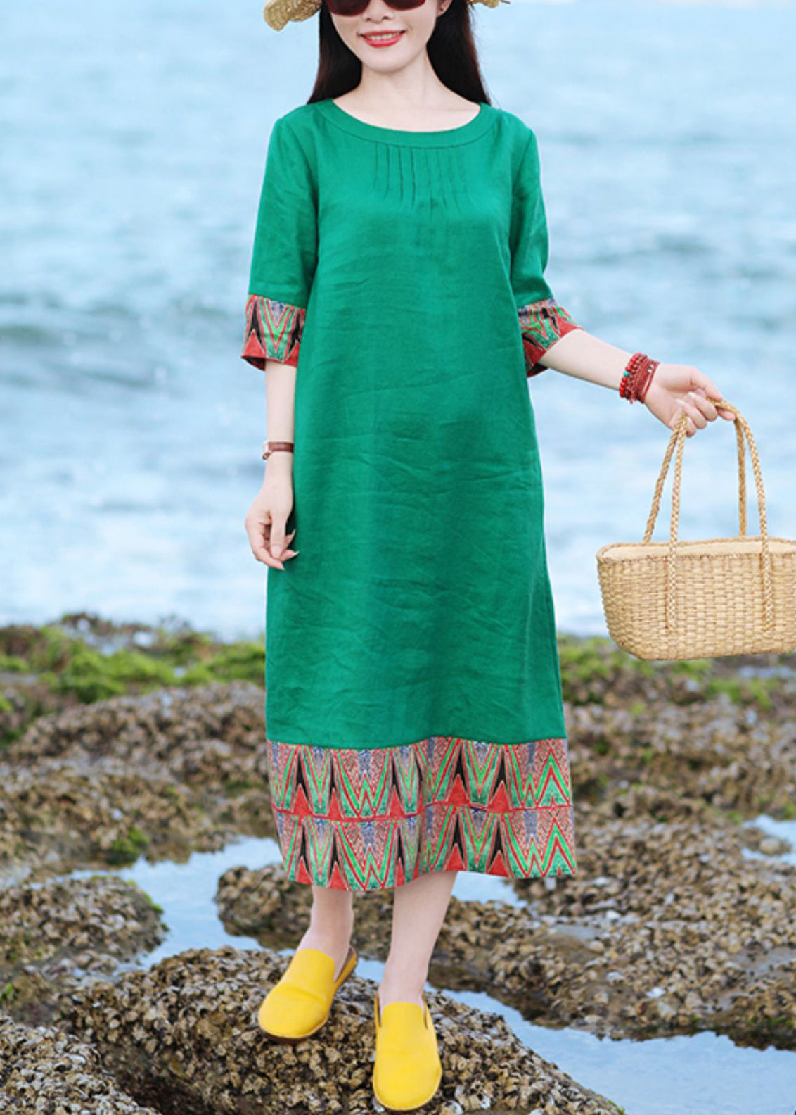 Green O Neck Patchwork Cotton Long Dresses Half Sleeve