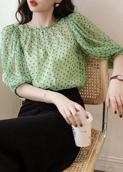 Green O Neck Print Chiffon Two Pieces Set Half Sleeve