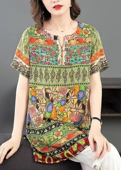 Green O Neck Print Patchwork Silk Shirt Tops Summer