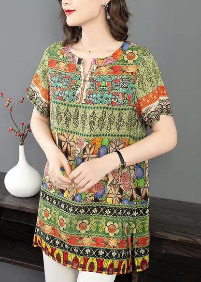 Green O Neck Print Patchwork Silk Shirt Tops Summer