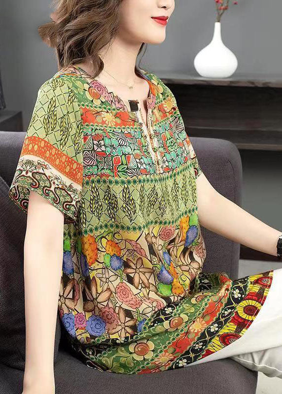 Green O Neck Print Patchwork Silk Shirt Tops Summer