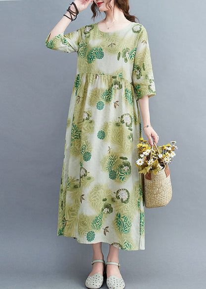 Green O-neck Wrinkled Print Cotton Long Dress Half Sleeve
