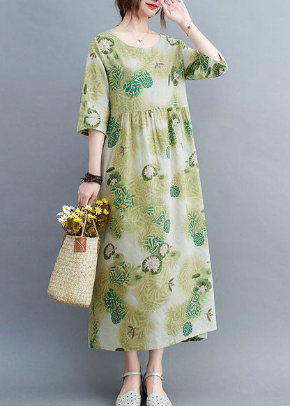 Green O-neck Wrinkled Print Cotton Long Dress Half Sleeve