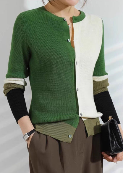 Green Patchwork Button Cotton Knitted Cardigans Fall