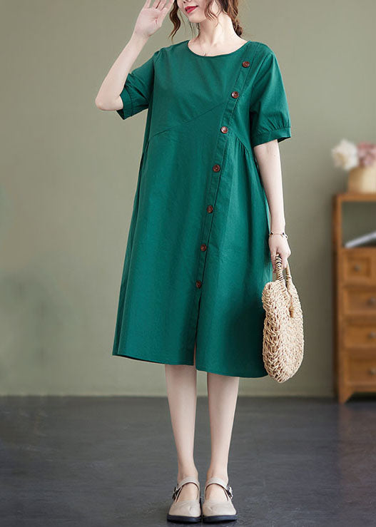 Green Patchwork Wrinkled Button Cotton Vacation Dresses Summer