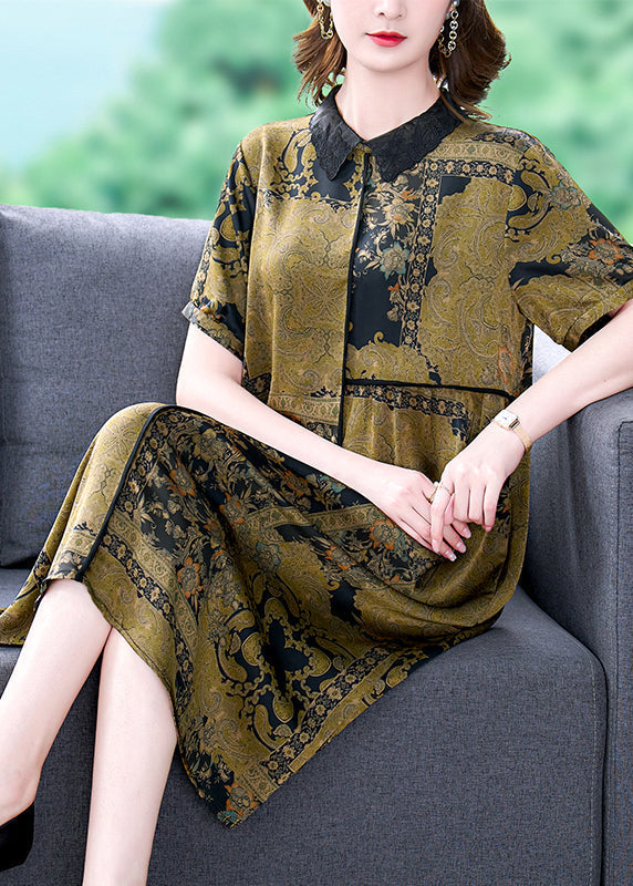 Green Peter Pan Collar Print Silk Dress Summer