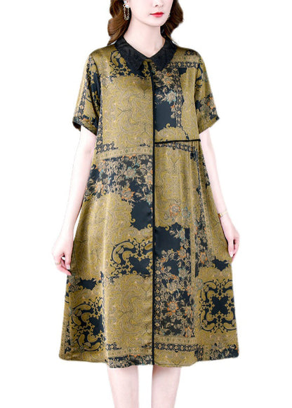 Green Peter Pan Collar Print Silk Dress Summer