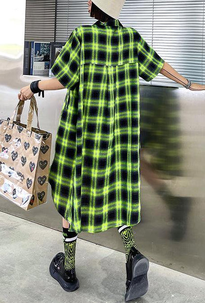 Green Plaid Cotton Buttonlow High Design Summer Maxi Dresses