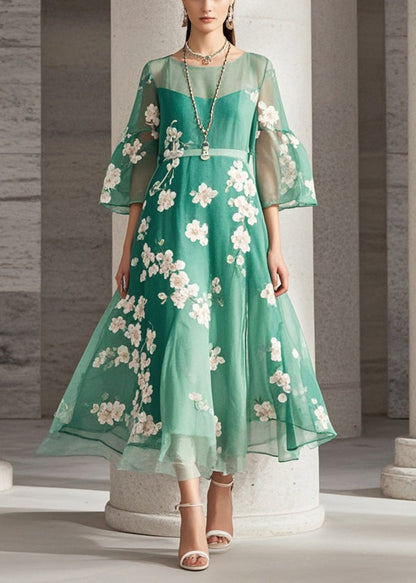 Green Print Chiffon Long Dresses Summer