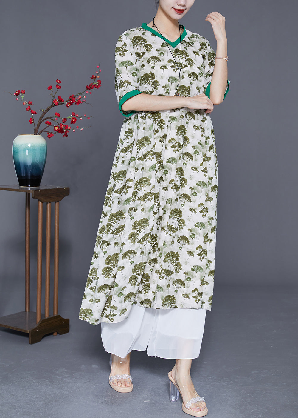Green Print Exra Large Hem Linen Dresses Summer