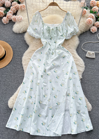 Green Print Lace Up Cotton Dresses Summer