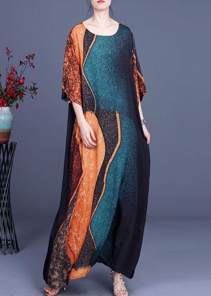 Green Print Patchwork Half Sleeve Silk Dress Summer