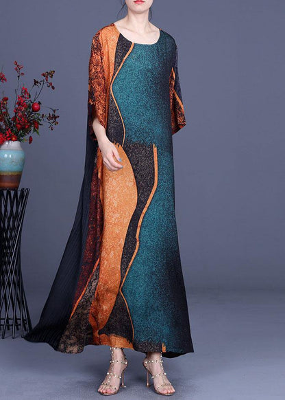 Green Print Patchwork Half Sleeve Silk Dress Summer