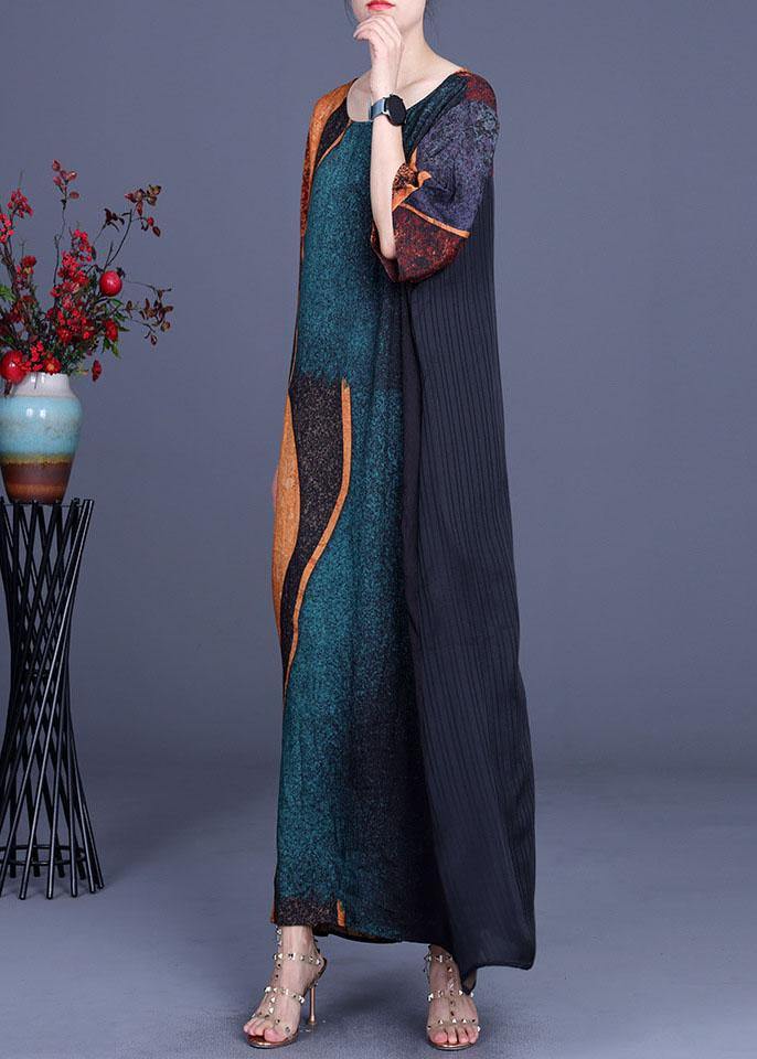 Green Print Patchwork Half Sleeve Silk Dress Summer
