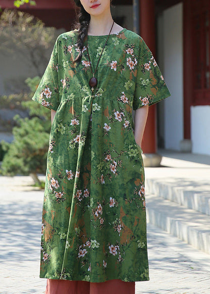 Green Print Pockets Patchwork Cotton Dresses Summer