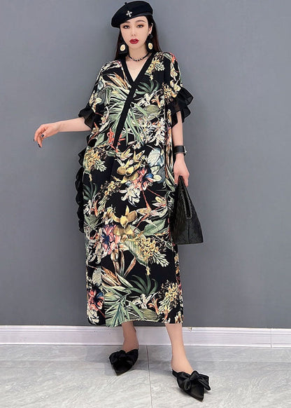 Green Print Ruffled Patchwork Chiffon Long Dress Short Sleeve