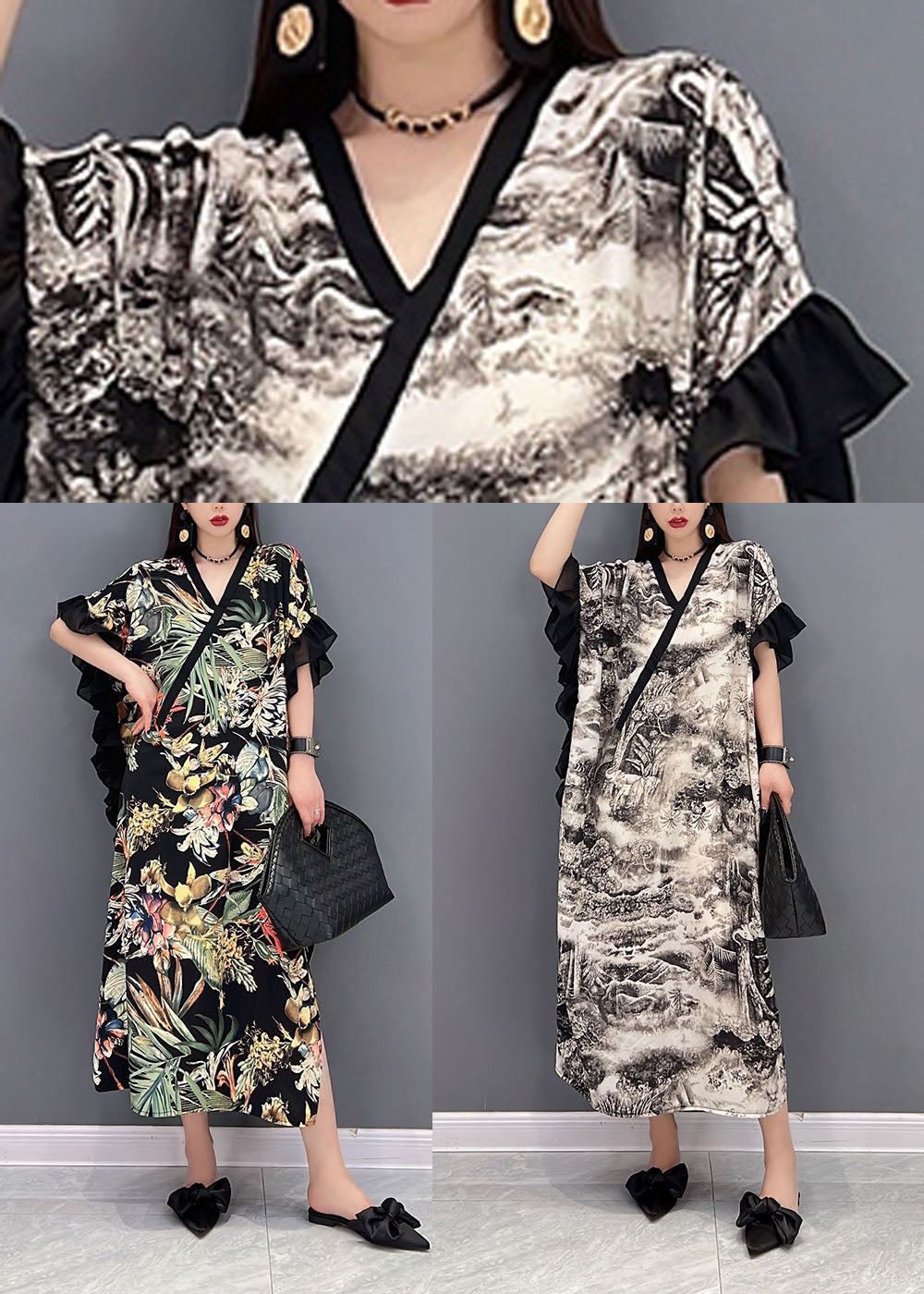 Green Print Ruffled Patchwork Chiffon Long Dress Short Sleeve