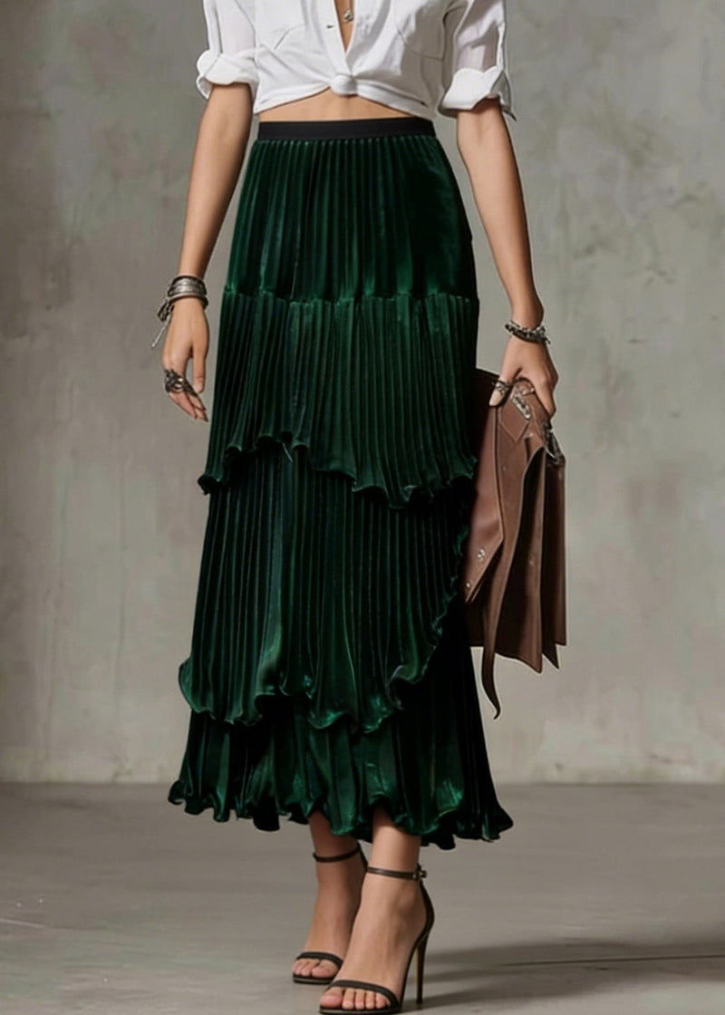 Green Ruffled Asymmetrical Design Silk Skirt Spring
