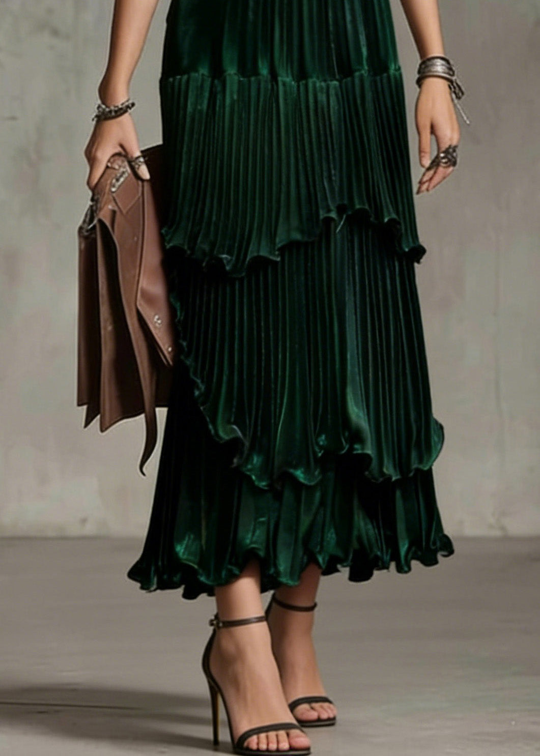 Green Ruffled Asymmetrical Design Silk Skirt Spring