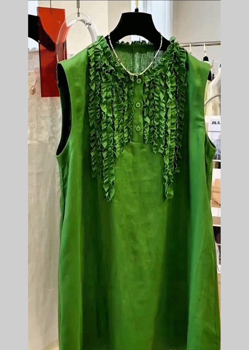 Green Ruffled Button Cotton Mid Dress Sleeveless
