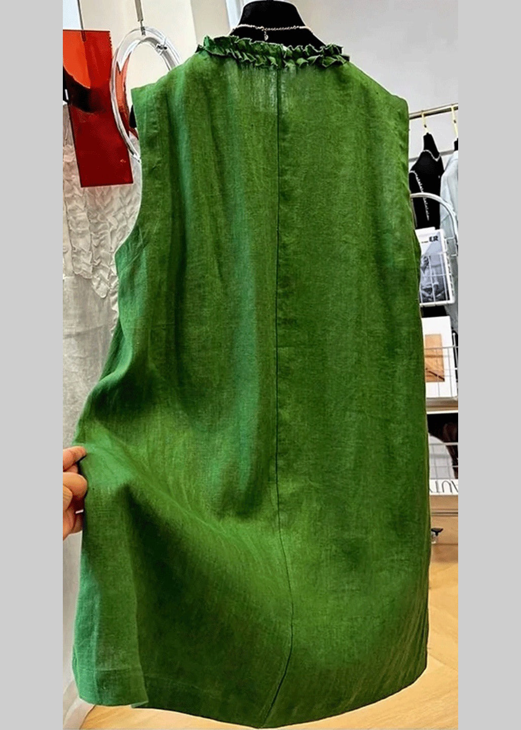Green Ruffled Button Cotton Mid Dress Sleeveless