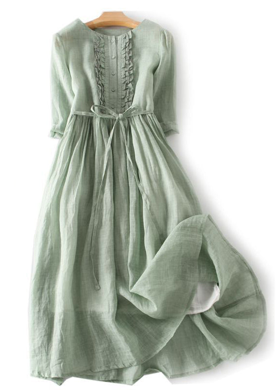 Green Ruffled Button Tie Waist Cotton Long Dress Half Sleeve