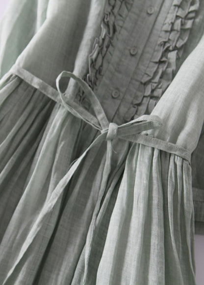 Green Ruffled Button Tie Waist Cotton Long Dress Half Sleeve