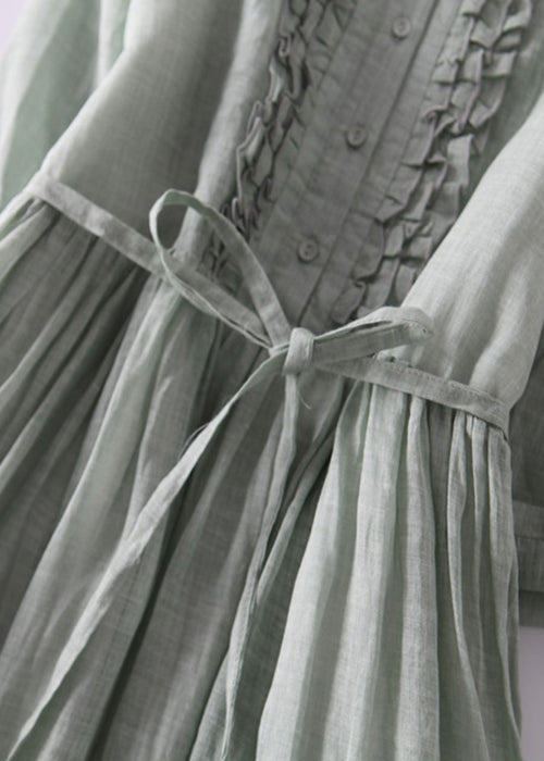 Green Ruffled Button Tie Waist Cotton Long Dress Half Sleeve